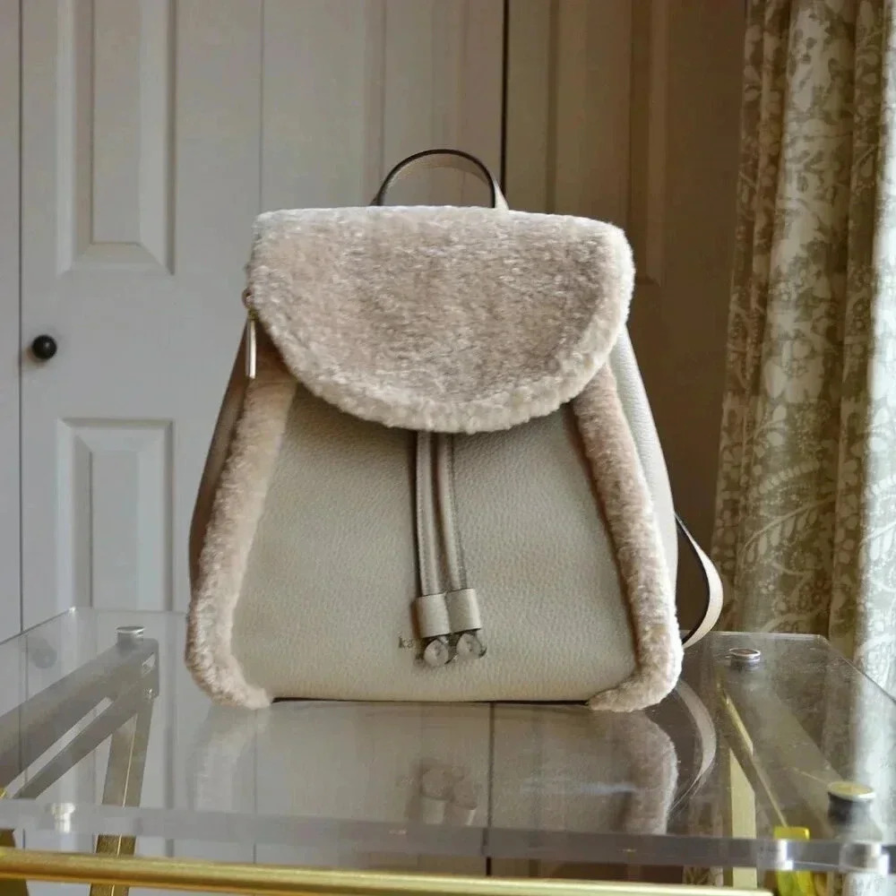 Kate Spade K9398 Leila Flap Backpack Fur Faux Shearling Light Sand